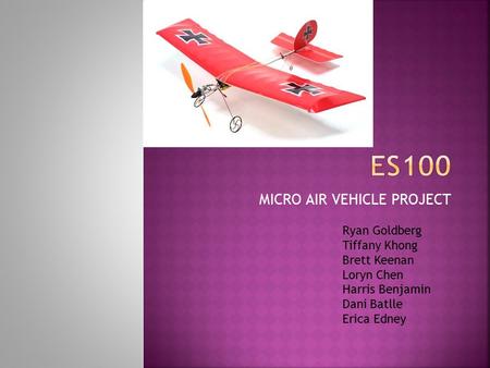 MICRO AIR VEHICLE PROJECT Ryan Goldberg Tiffany Khong Brett Keenan Loryn Chen Harris Benjamin Dani Batlle Erica Edney.