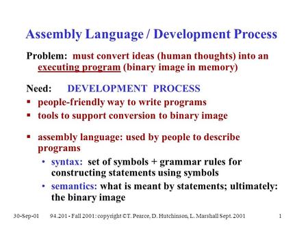 30-Sep-0194.201 - Fall 2001: copyright ©T. Pearce, D. Hutchinson, L. Marshall Sept. 20011 Problem: must convert ideas (human thoughts) into an executing.