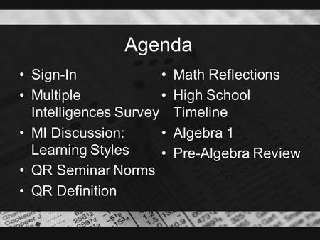 Agenda Sign-In Multiple Intelligences Survey MI Discussion: Learning Styles QR Seminar Norms QR Definition Math Reflections High School Timeline Algebra.