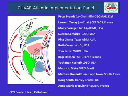 CLIVAR Atlantic Implementation Panel Peter Brandt (co-Chair) IfM-GEOMAR, Kiel Laurent Terray (co-Chair) CERFACS, France Molly Baringer NOAA/AOML, USA Suzana.