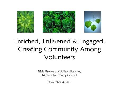 Enriched, Enlivened & Engaged: Creating Community Among Volunteers Tricia Brooks and Allison Runchey Minnesota Literacy Council November 4, 2011.