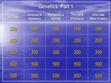 Genetics: Part 1 Cell Cycle ** ** Dominant & Recessive Probability & Heredity The Cell & Inheritance How Cells Make Proteins 100 200 300 400 500.