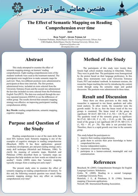 The Effect of Semantic Mapping on Reading Comprehension over time 2640 Reza Nejati*, Akram Pejman Asl *-Assistant Professor, Shahid Rajaee Teacher Training.