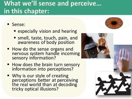 What we’ll sense and perceive… in this chapter:  Sense:  especially vision and hearing  smell, taste, touch, pain, and awareness of body position 