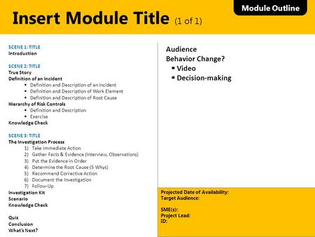 Storyboard by Michelle Leon Module Outline Insert Module Title (1 of 1) SCENE 1: TITLE Introduction SCENE 2: TITLE True Story Definition of an Incident.