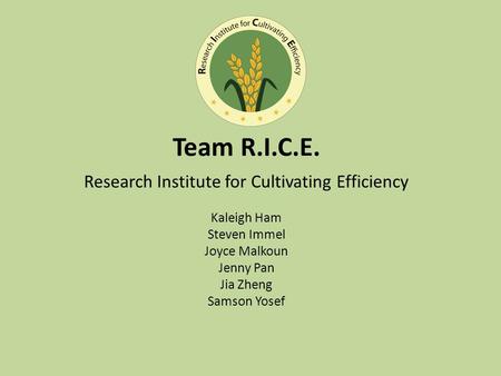 Team R.I.C.E. Research Institute for Cultivating Efficiency Kaleigh Ham Steven Immel Joyce Malkoun Jenny Pan Jia Zheng Samson Yosef.