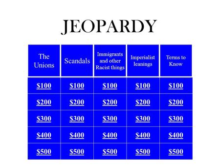 JEOPARDY $100 $200 $300 $400 $500 The Unions Scandals Immigrants and other Racist things Imperialist leanings Terms to Know.