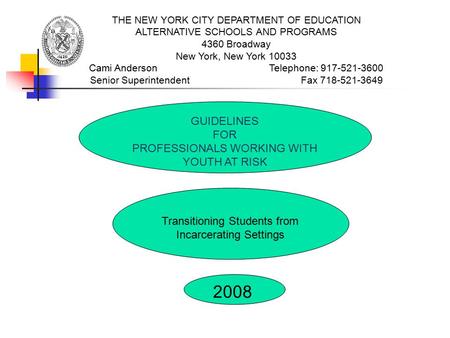 2008 Transitioning Students from Incarcerating Settings GUIDELINES FOR PROFESSIONALS WORKING WITH YOUTH AT RISK THE NEW YORK CITY DEPARTMENT OF EDUCATION.