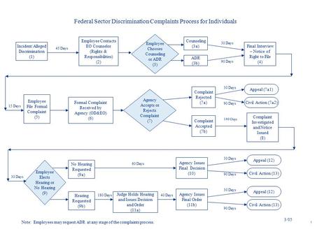 1 Federal Sector Discrimination Complaints Process for Individuals Incident/Alleged Discrimination (1) Employee Contacts EO Counselor (Rights & Responsibilities)