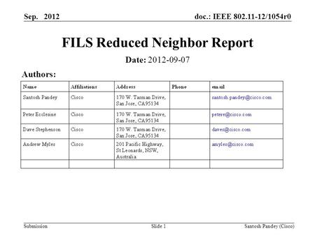 Doc.: IEEE 802.11-12/1054r0 Submission Sep. 2012 Santosh Pandey (Cisco)Slide 1 FILS Reduced Neighbor Report Date: 2012-09-07 Authors: