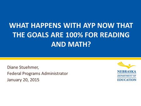 WHAT HAPPENS WITH AYP NOW THAT THE GOALS ARE 100% FOR READING AND MATH? Diane Stuehmer, Federal Programs Administrator January 20, 2015.