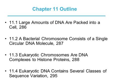 Chapter 11 Outline 11.1 Large Amounts of DNA Are Packed into a Cell, 286 11.2 A Bacterial Chromosome Consists of a Single Circular DNA Molecule, 287 11.3.