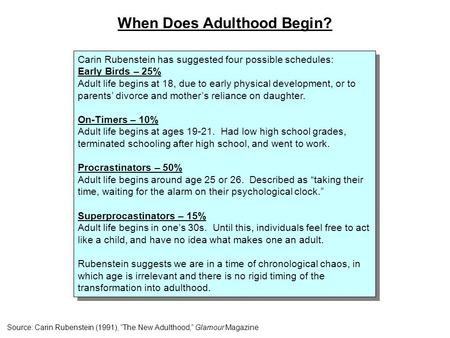 Carin Rubenstein has suggested four possible schedules: Early Birds – 25% Adult life begins at 18, due to early physical development, or to parents’ divorce.