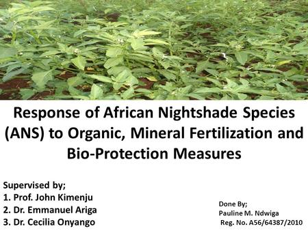 Response of African Nightshade Species (ANS) to Organic, Mineral Fertilization and Bio-Protection Measures Supervised by; 1. Prof. John Kimenju 2. Dr.