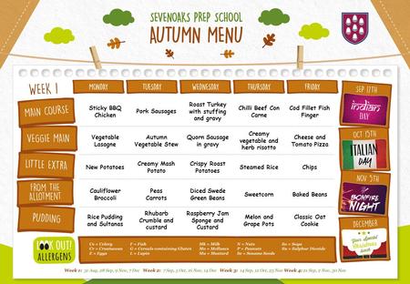 Sticky BBQ Chicken Pork Sausages Roast Turkey with stuffing and gravy Chilli Beef Con Carne Cod Fillet Fish Finger Vegetable Lasagne Autumn Vegetable Stew.