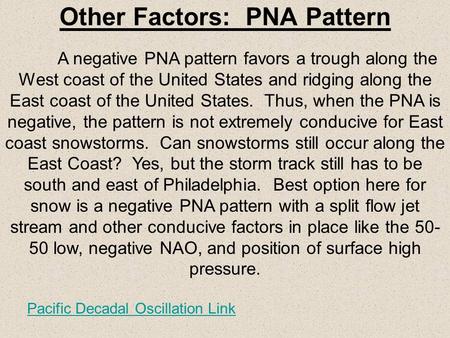 Other Factors: PNA Pattern A negative PNA pattern favors a trough along the West coast of the United States and ridging along the East coast of the United.