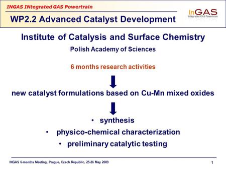 INGAS 6-months Meeting, Prague, Czech Republic, 25-26 May 2009 INGAS INtegrated GAS Powertrain 1 Institute of Catalysis and Surface Chemistry Polish Academy.