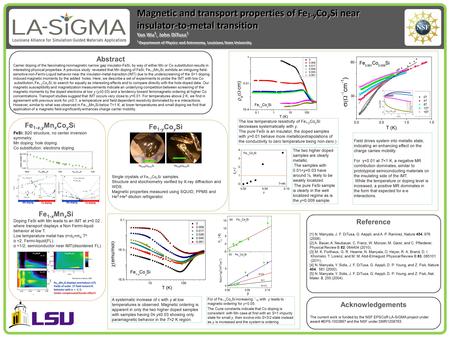 Yan Wu 1, John DiTusa 1 1 Department of Physics and Astronomy, Louisiana State University Magnetic and transport properties of Fe 1-y Co y Si near insulator-to-metal.