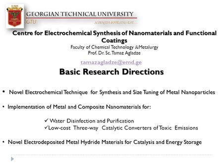 Centre for Electrochemical Synthesis of Nanomaterials and Functional Coatings Faculty of Chemical Technology  Metalurgy Prof. Dr. Sc. Tamaz Agladze Basic.