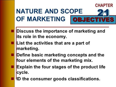 CHAPTER OBJECTIVES NATURE AND SCOPE OF MARKETING nDiscuss the importance of marketing and its role in the economy. nList the activities that are a part.