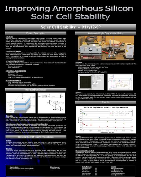 Solar Cell Stability – May12-09 ABSTRACT Solar cell research is a major emphasis of Iowa State University. Improving the efficiency of solar cells can.