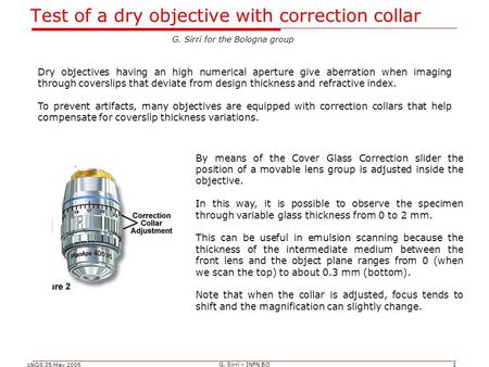 LNGS 25 May 2005 G. Sirri – INFN BO1 Test of a dry objective with correction collar Dry objectives having an high numerical aperture give aberration when.