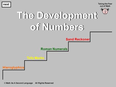 The Development of Numbers The Development of Numbers next Taking the Fear out of Math © Math As A Second Language All Rights Reserved Hieroglyphics Tally.