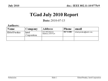 Doc.: IEEE 802.11-10/0775r9 Submission July 2010 Eldad Perahia, Intel CorporationSlide 1 TGad July 2010 Report Date: 2010-07-13 Authors: