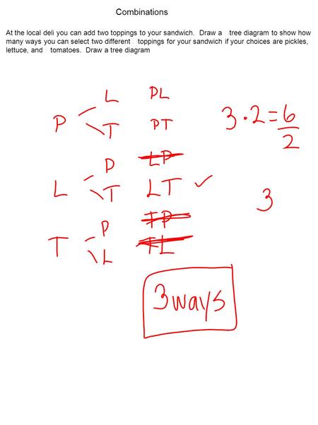 At the local deli you can add two toppings to your sandwich. Draw a tree diagram to show how many ways you can select two different toppings for your sandwich.