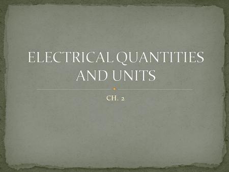 CH. 2. Base unit = coulomb also the base unit for current and voltage Symbol = Q Abbreviation = C.