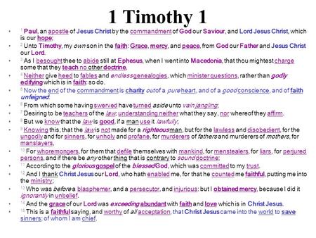 1 Timothy 1 1 Paul, an apostle of Jesus Christ by the commandment of God our Saviour, and Lord Jesus Christ, which is our hope; 2 Unto Timothy, my own.