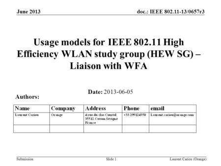 Doc.: IEEE 802.11-13/0657r3 Submission June 2013 Laurent Cariou (Orange)Slide 1 Usage models for IEEE 802.11 High Efficiency WLAN study group (HEW SG)