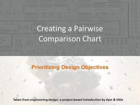 Creating a Pairwise Comparison Chart Taken from engineering design: a project-based introduction by dym & little.