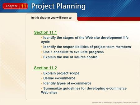 Section 11.1 Identify the stages of the Web site development life cycle Identify the responsibilities of project team members Use a checklist to evaluate.