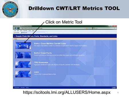 1 Drilldown CWT/LRT Metrics TOOL Click on Metric Tool https://scitools.lmi.org/ALLUSERS/Home.aspx.