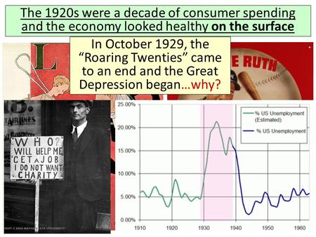 The 1920s were a decade of consumer spending and the economy looked healthy on the surface In October 1929, the “Roaring Twenties” came to an end and the.