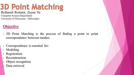 Reihaneh Rostami, Zeyun Yu Computer Science Department University of Wisconsin – Milwaukee Objective -3D Point Matching is the process of finding a point.