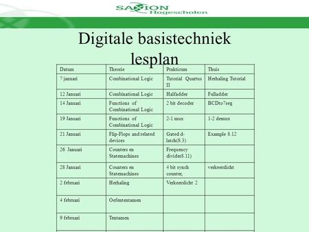 Digitale basistechniek lesplan DatumTheoriePrakticumThuis 7 januariCombinational LogicTutorial Quartus II Herhaling Tutorial 12 JanuariCombinational LogicHalfadderFulladder.