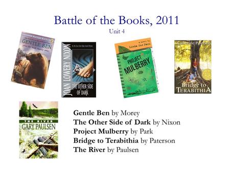 Battle of the Books, 2011 Unit 4 Gentle Ben by Morey The Other Side of Dark by Nixon Project Mulberry by Park Bridge to Terabithia by Paterson The River.