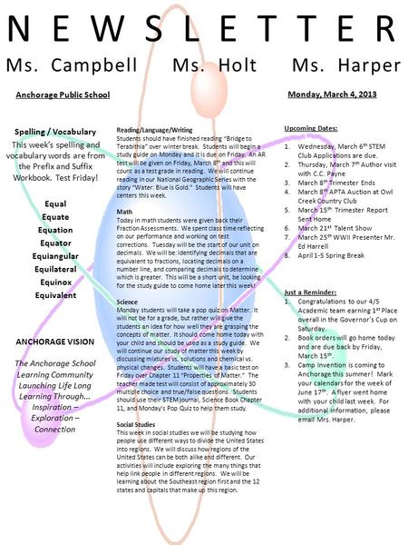 NEWSLETTER Ms. Campbell Ms. Holt Ms. Harper Spelling / Vocabulary This week’s spelling and vocabulary words are from the Prefix and Suffix Workbook. Test.