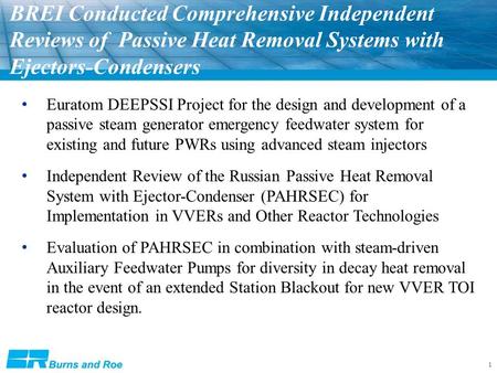 1 BREI Conducted Comprehensive Independent Reviews of Passive Heat Removal Systems with Ejectors-Condensers Euratom DEEPSSI Project for the design and.