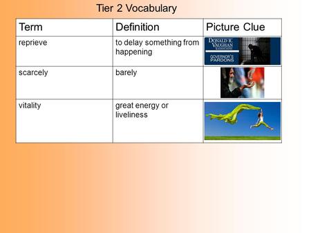 Tier 2 Vocabulary TermDefinitionPicture Clue reprieveto delay something from happening scarcelybarely vitalitygreat energy or liveliness.