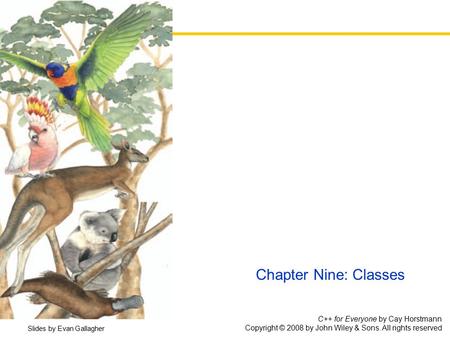 C++ for Everyone by Cay Horstmann Copyright © 2008 by John Wiley & Sons. All rights reserved Chapter Nine: Classes Slides by Evan Gallagher.