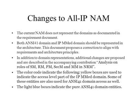 Changes to All-IP NAM The current NAM does not represent the domains as documented in the requirement document. Both ANSI41 domain and IP MMed domain should.