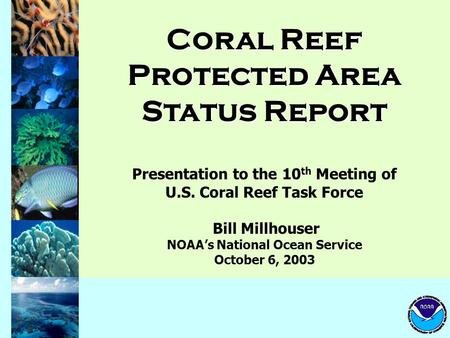 Coral Reef Protected Area Status Report Presentation to the 10 th Meeting of U.S. Coral Reef Task Force Bill Millhouser NOAA’s National Ocean Service October.