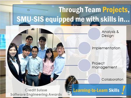 Through Team Projects, SMU-SIS equipped me with skills in… Analysis & Design Implementation Project management Collaboration Credit Suisse Software Engineering.