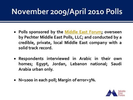  Polls sponsored by the Middle East Forum; overseen by Pechter Middle East Polls, LLC; and conducted by a credible, private, local Middle East company.