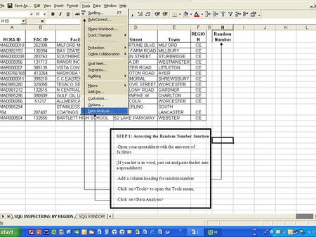 STEP 1: Accessing the Random Number function -Open your spreadsheet with the universe of facilities (If your list is in word, just cut and paste the list.