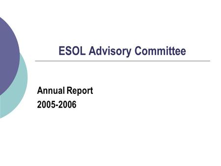 ESOL Advisory Committee Annual Report 2005-2006. VISION Statement  To be an exemplar for ESOL programs in small public school systems across the country.