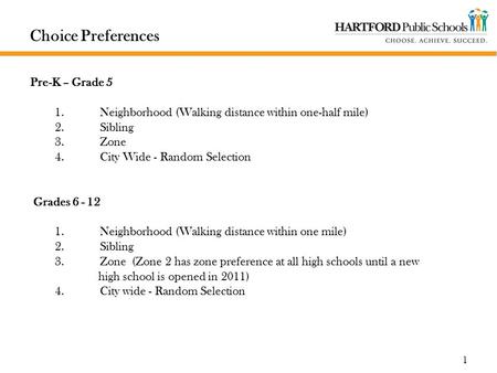 1 Choice Preferences Pre-K – Grade 5 1. Neighborhood (Walking distance within one-half mile) 2. Sibling 3. Zone 4. City Wide - Random Selection Grades.